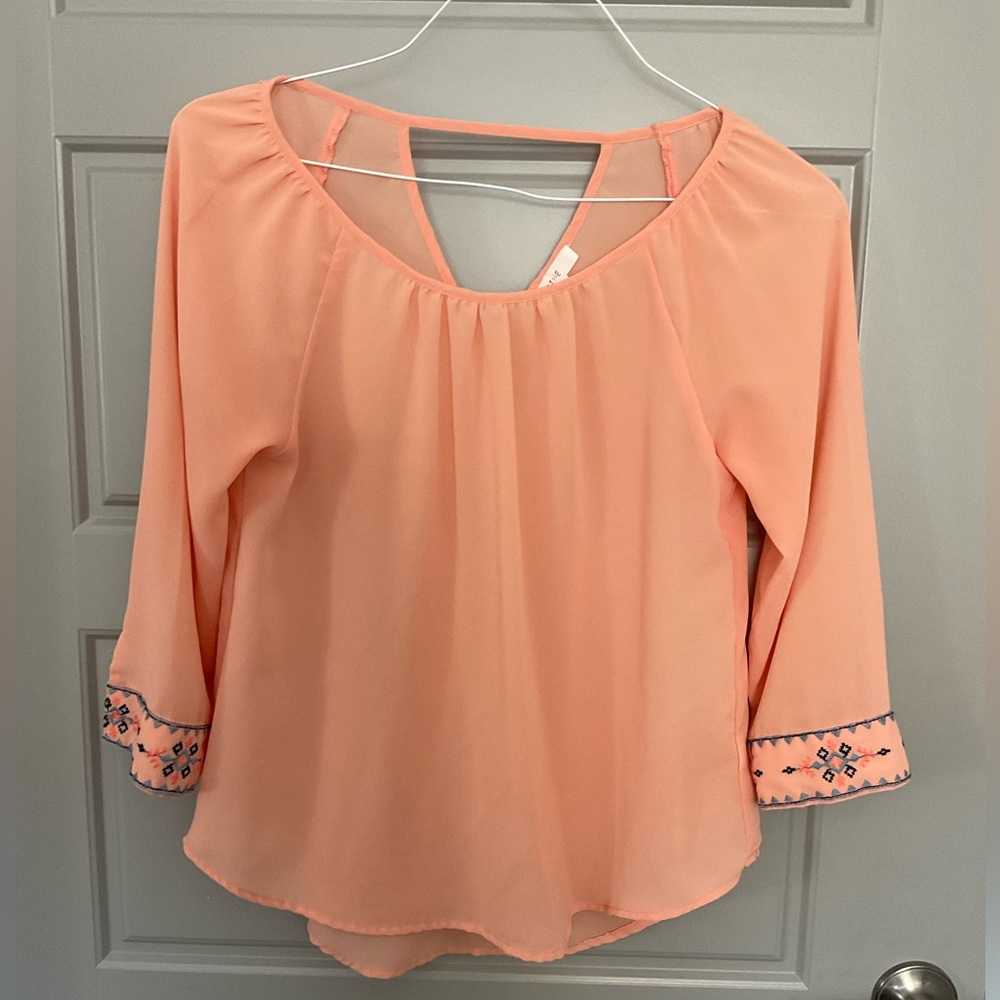 Peach 3/4 Sleeve Top with Embroidery